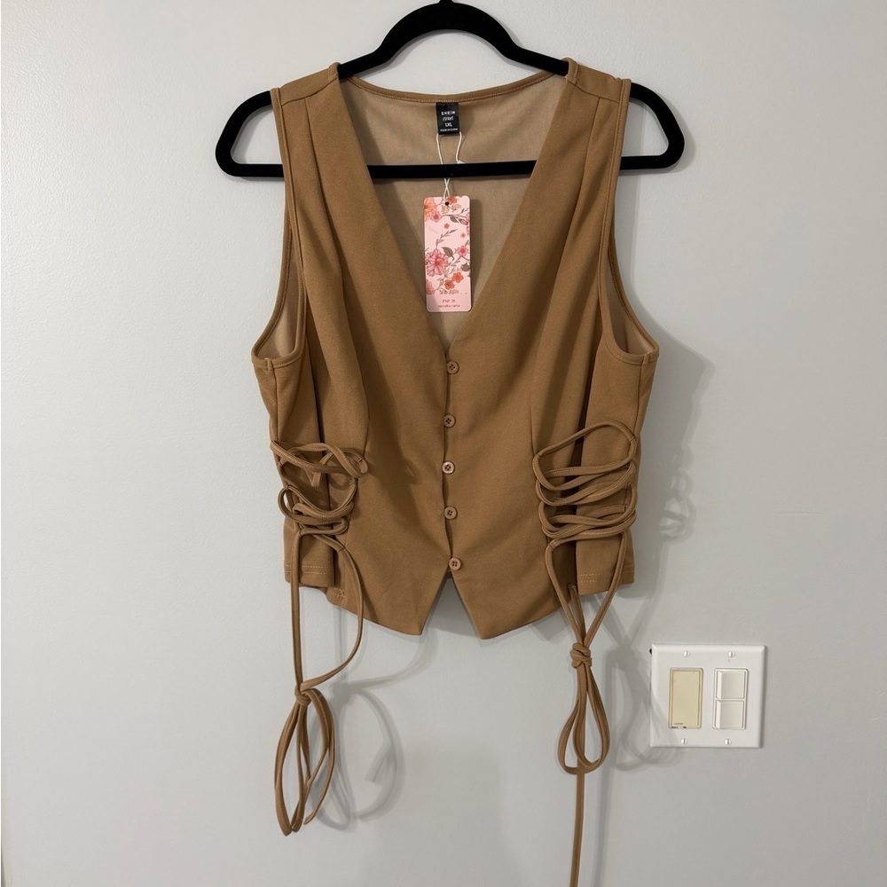 SHEIN Tan Lace-Up Sleeveless Blouse